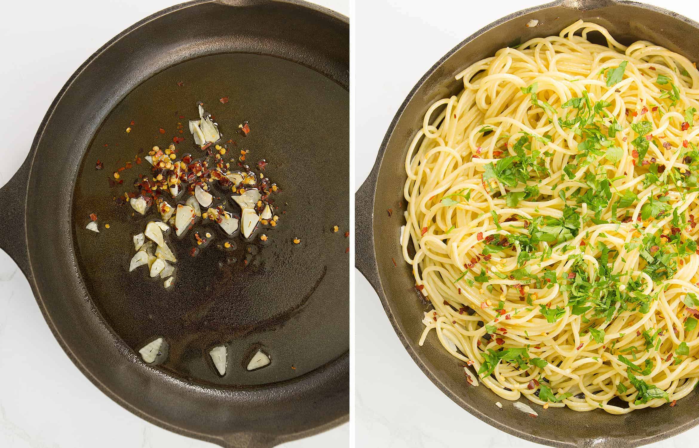 The first image shows olive oil, garlic and chili in a skillet. The second image shows the spaghetti in the same skillet.