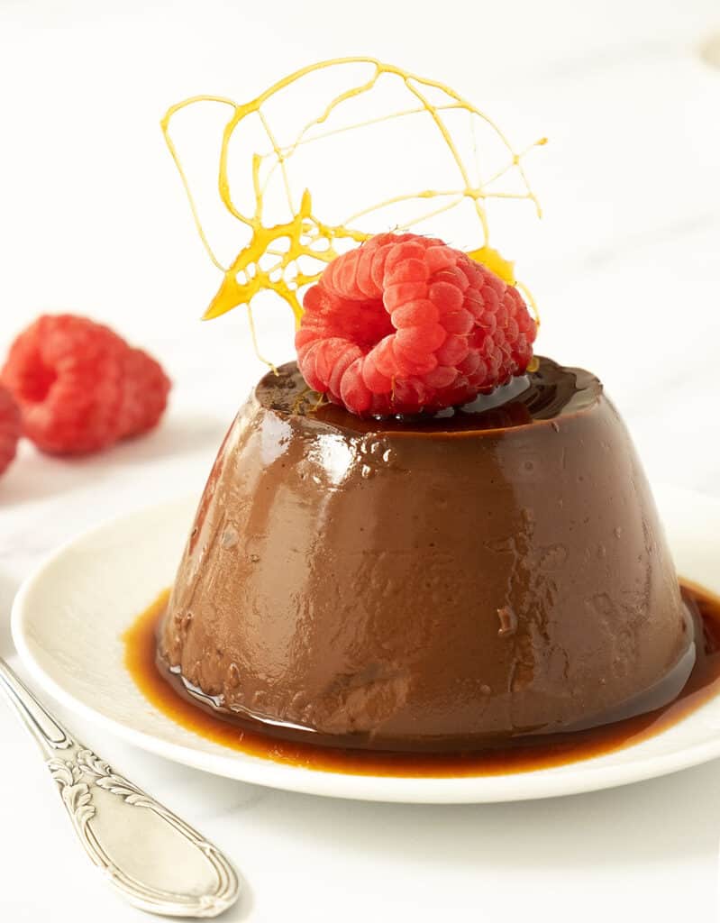 A close-up of a serving of chocolate pudding with a raspberry, over a white background.