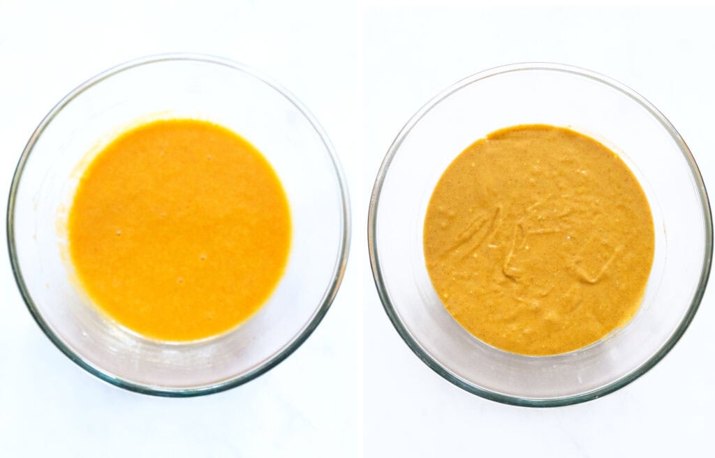 Top view of a bowl full of mini pumpkin muffin batter before baking.