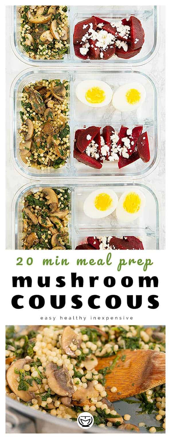 This delicious and earthy mushroom couscous is a great and budget-friendly winter dish. It tastes so good, it’s vegetarian, healthy and it makes a great meal prep ready in 20 minutes. I love some beetroot salad and hard-boiled eggs on the side: they add variety, different flavors and plenty of vitamins and protein. #mealprep #vegetarianmealprep #vegetarianrecipes