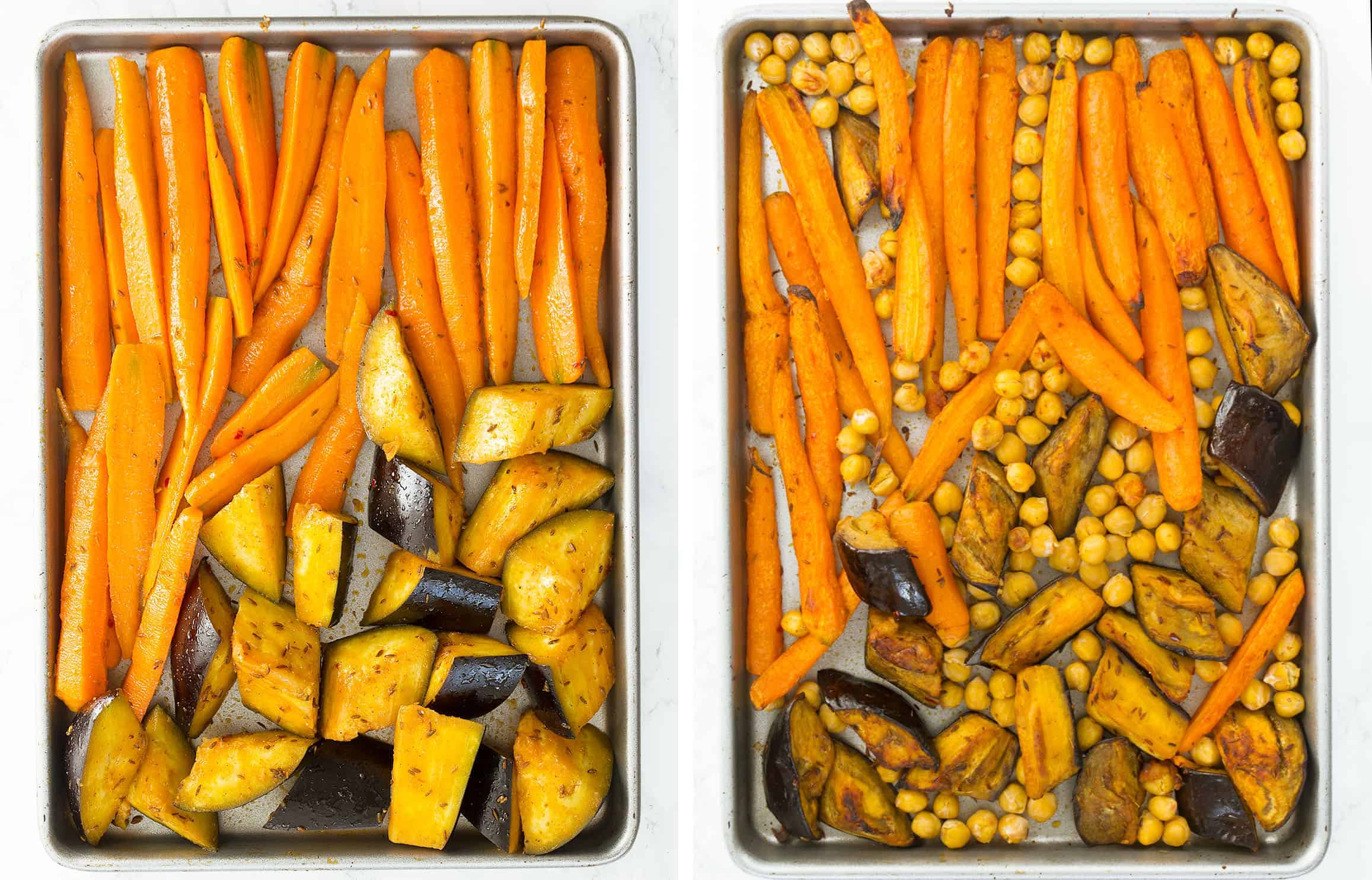 The ingredients for the harissa eggplant and carrot salad are arranged on a baking tray.