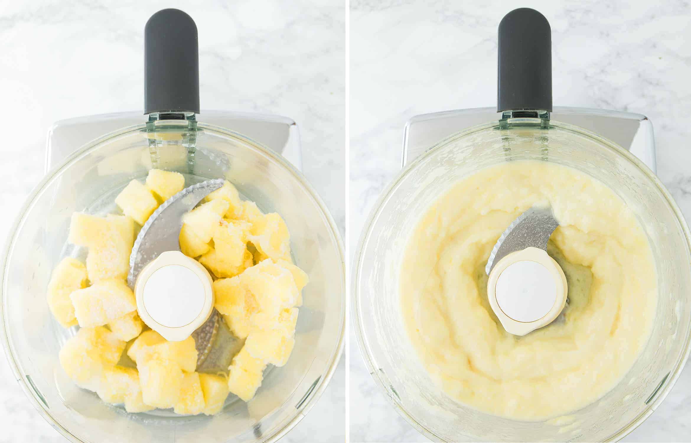 A food processor bowl blending frozen pineapple chunks.
