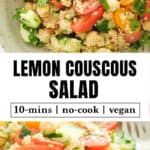 Lemon couscous salad with tomatoes and cucumber on a brown plate.