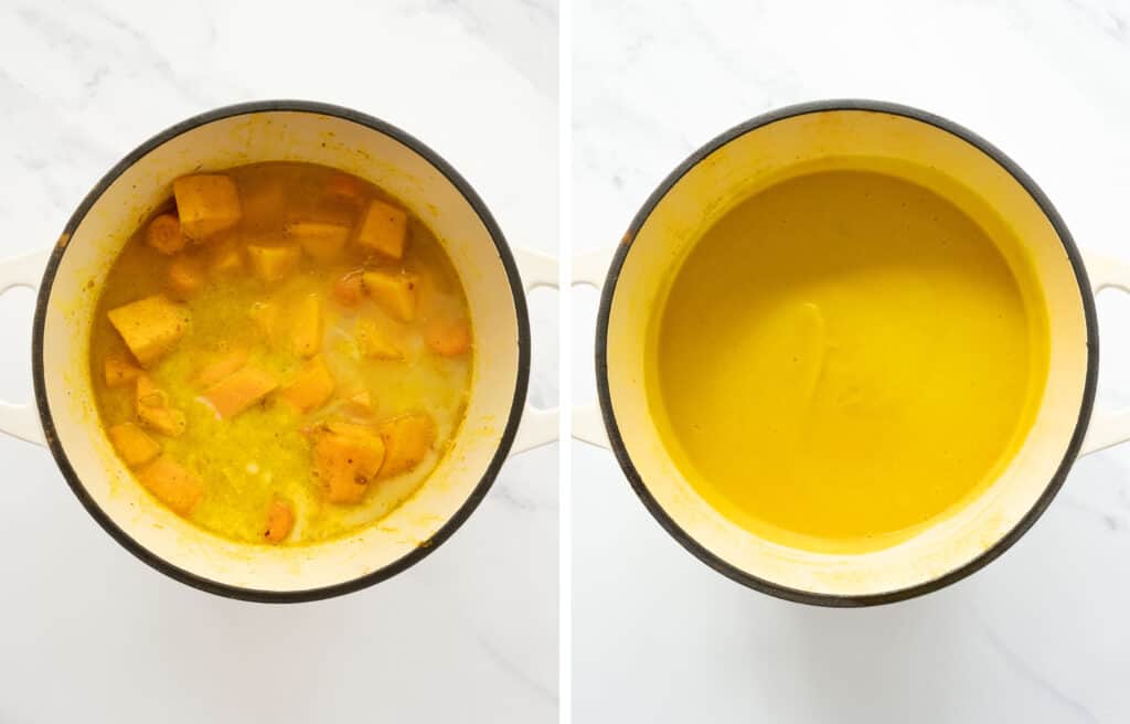 Top view of a white pot with pumpkin and carrot soup