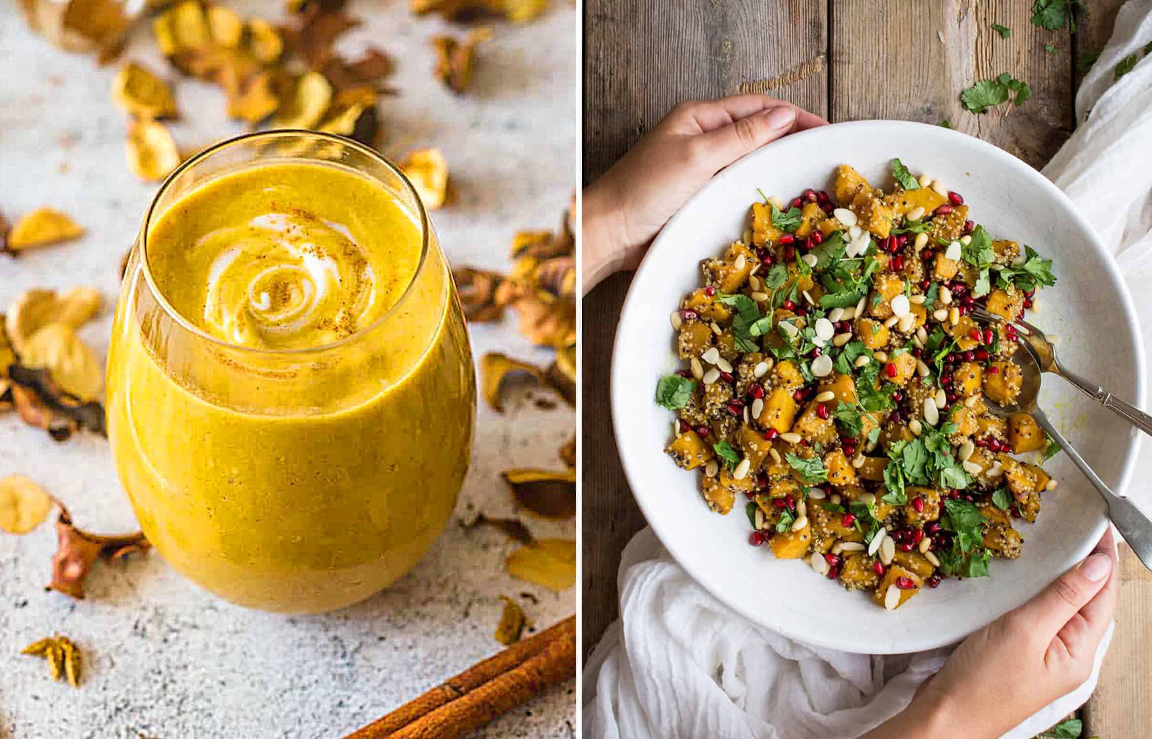 PUMPKIN PIE SMOOTHY in a glass - That Girl Cooks Healthy and PUMPKIN QUINOA SALAD in a white plate - A Baking Journey