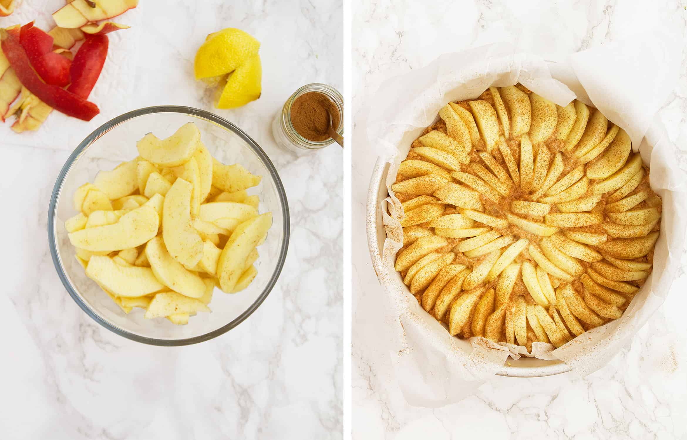 A glass bowl full of apple slices and a round tin with the apple cake before baking.