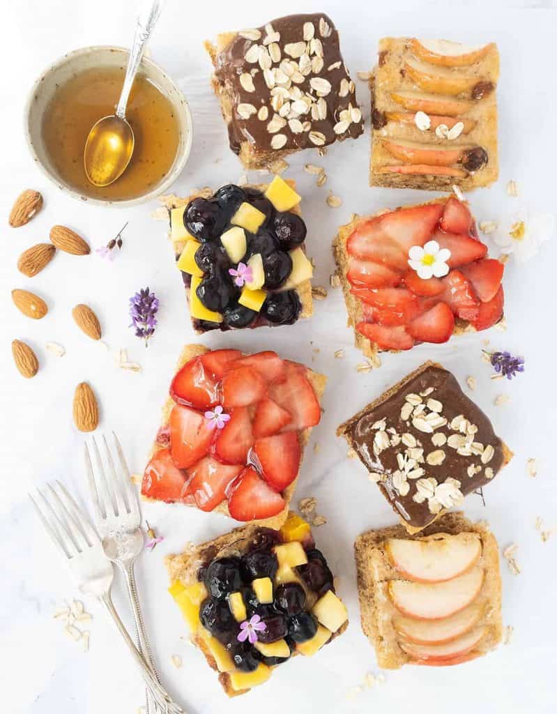 Four images showing four different healthy cakes.