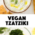 A bowl full of vegan tzatziki with dill as a garnish.