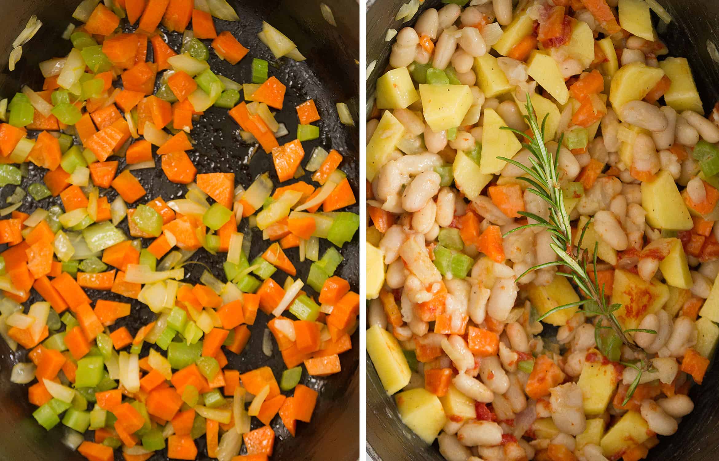 Diced vegetables, beans and a sprig of rosemary in a black cast iron casserole.