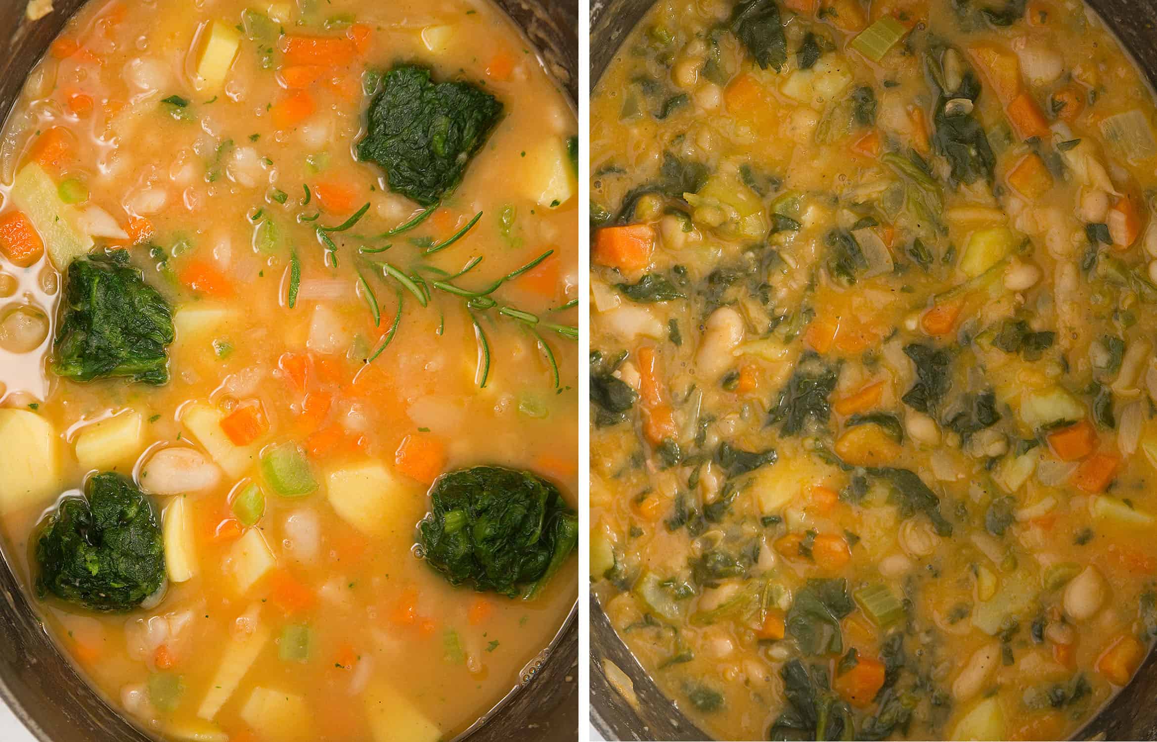 White bean soup with spinach in a black cast iron casserole.