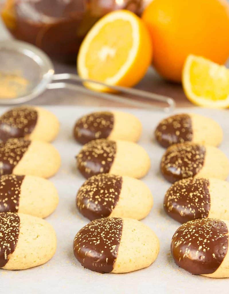 These beautiful orange cookies are made using orange juice and zest and dark chocolate.