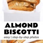 A white box full of almond biscotti over a white background.