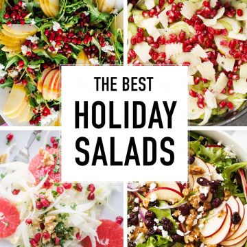 Four close-ups of different colorful holiday salads.