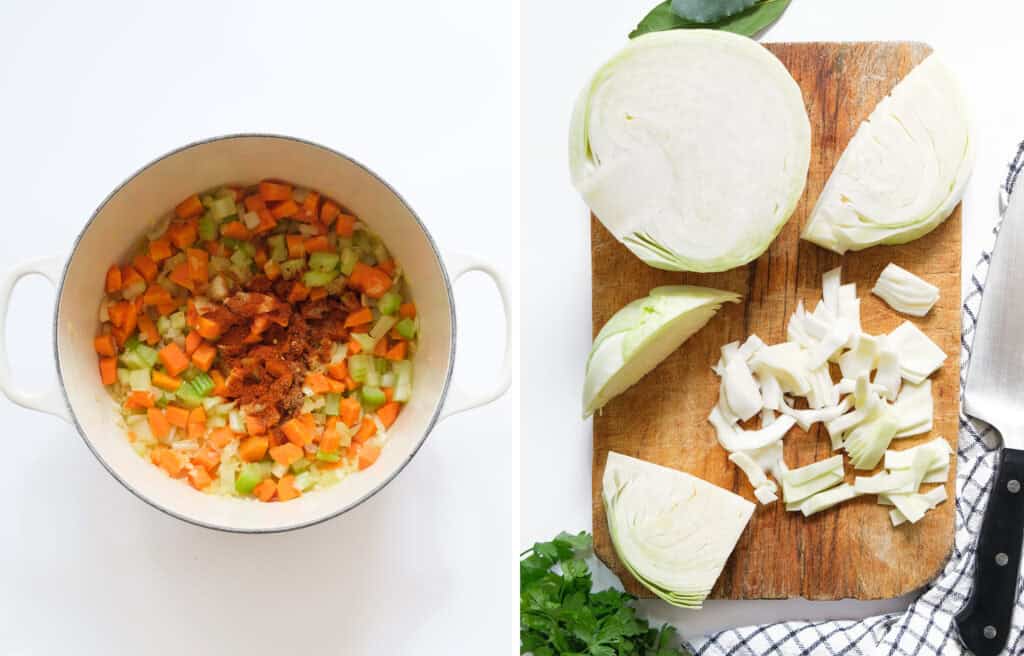 Top view of a white pot full of vegetables and a wooden board with chopped cabbage.