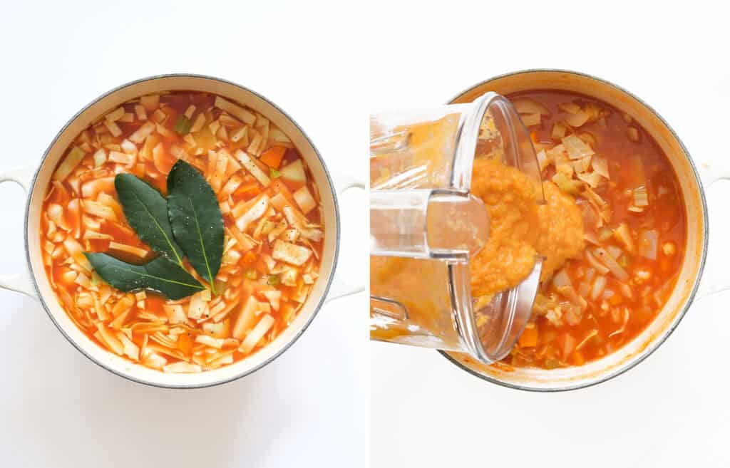 Top view of a white pot full of cabbage soup before and after cooking.