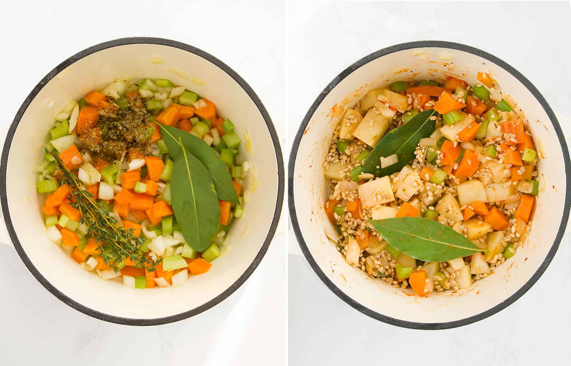 The first image shows diced vegetables and herbs in pot. The second one shows the addition of barley.