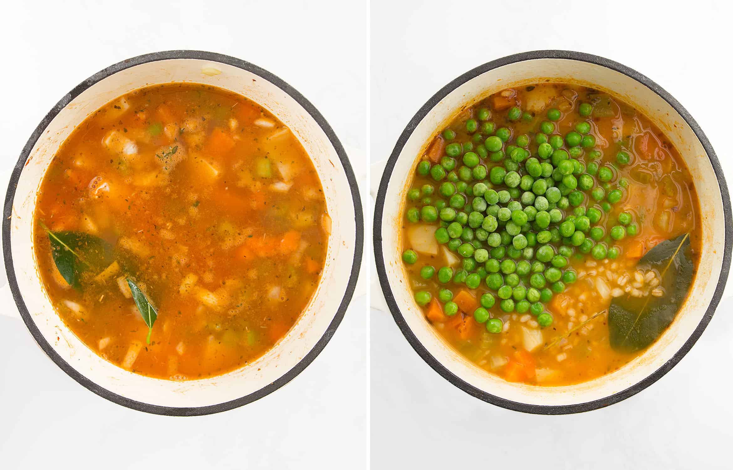 The first images shows the barley soup with broth. The second images shows the addition of peas.