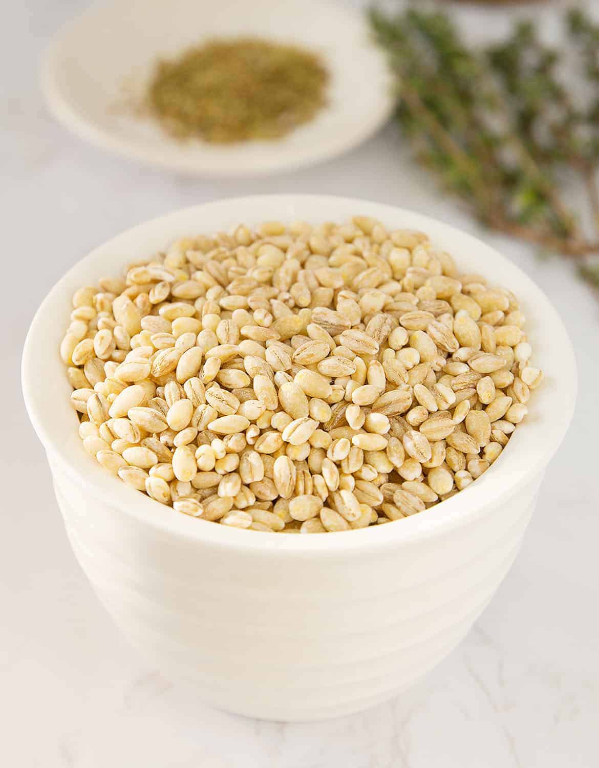 Uncooked barley in a small white bowl.