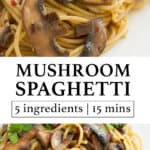 Garlic mushroom spaghetti on a white plate.