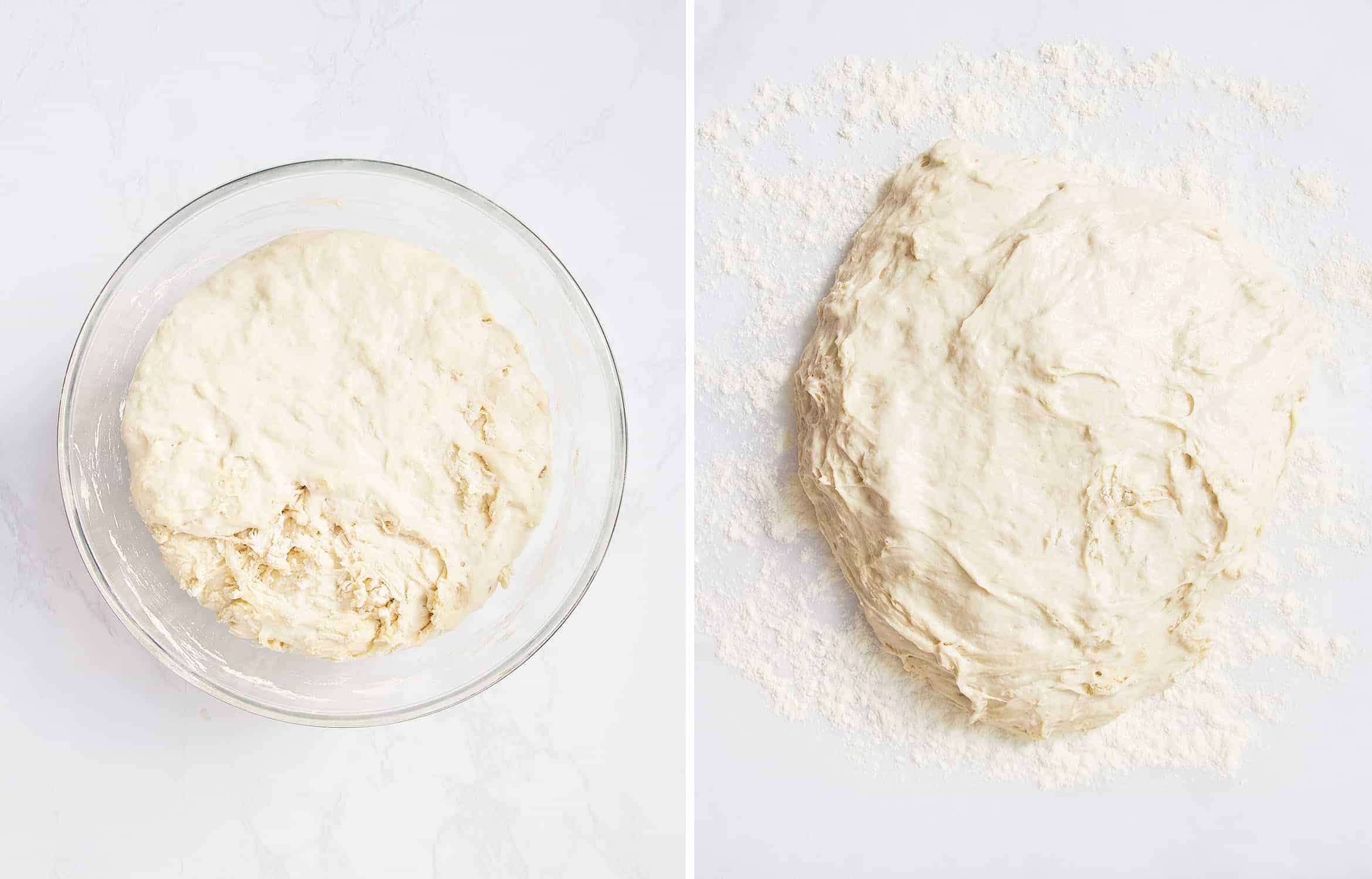 The dough has risen in the glass bowl and the dough is on a floured surface.