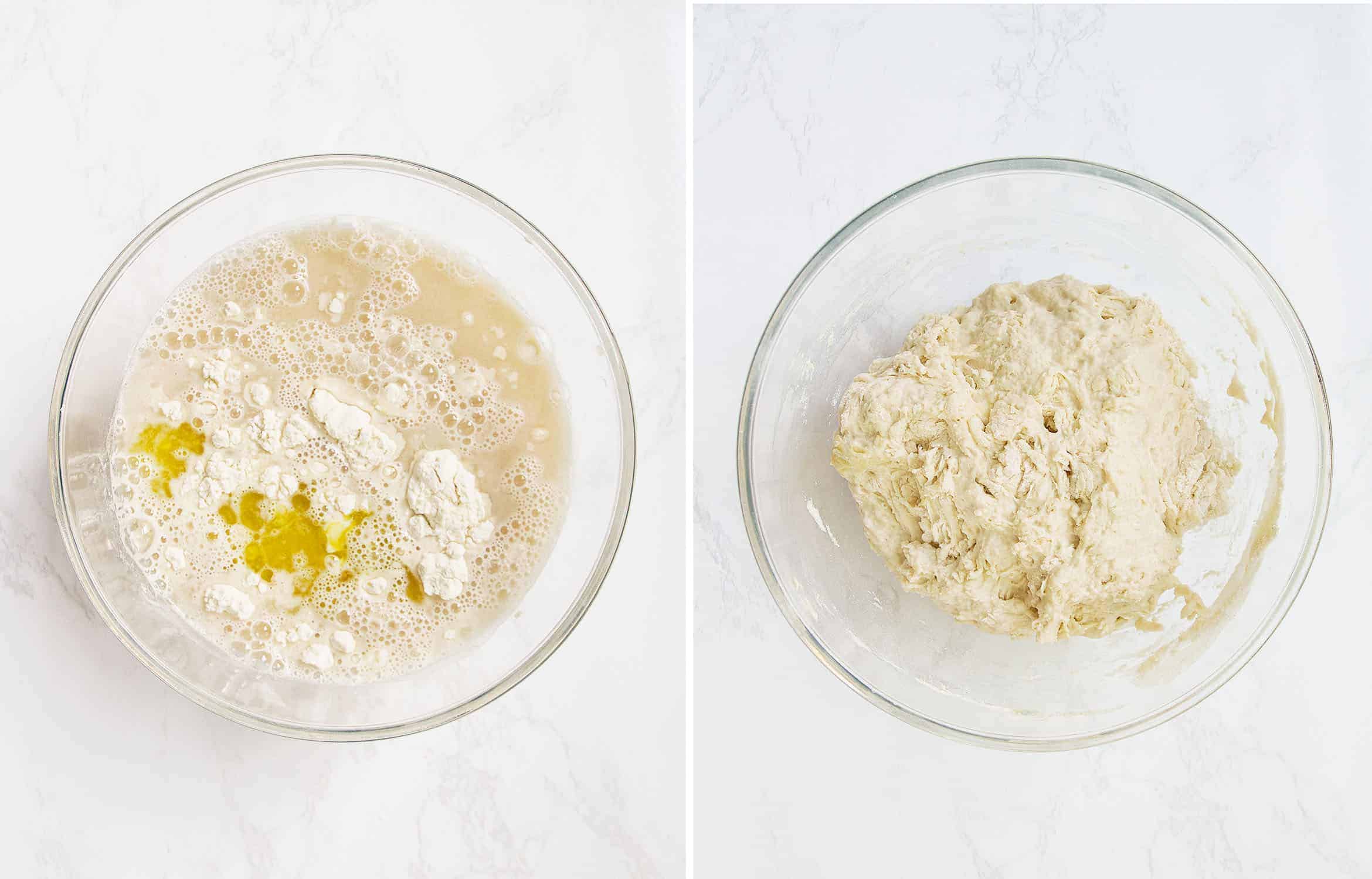 A glass bowl with water, oil and flour and a glass bowl with the dough.