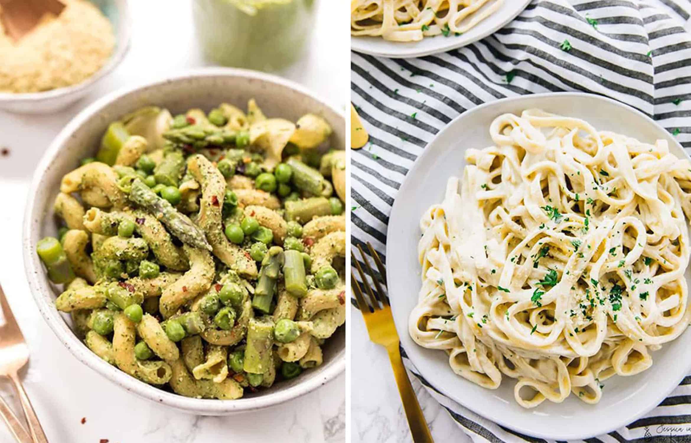 Pasta with peas and asparagus on a white bowl by Simply Quinoa and vegan alfredo pasta on a white plate by Jessica in the Kitchen