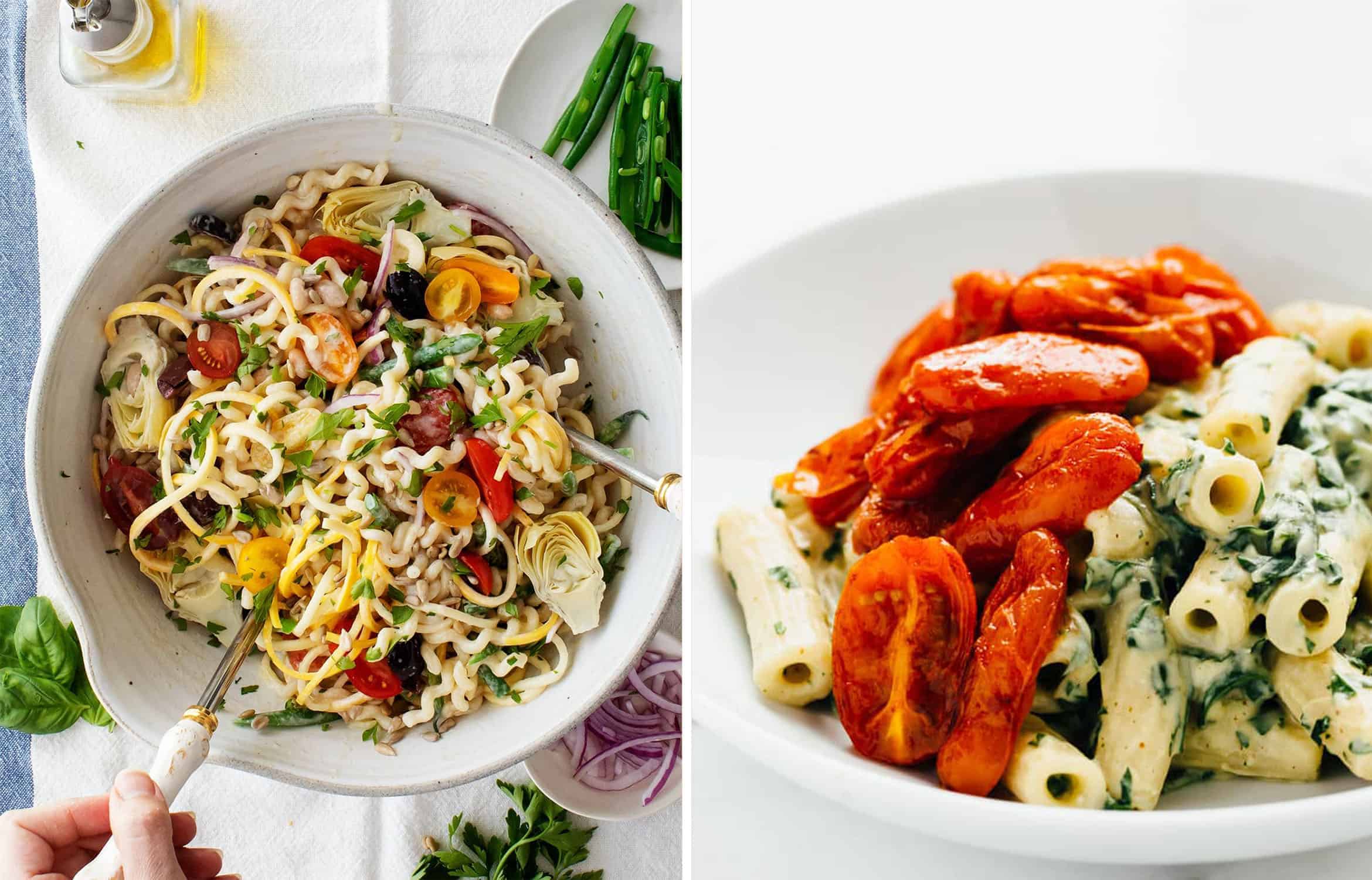 Creamy pasta salad with cherry tomatoes in a large bowl by Love & Lemons and Creamy pasta with roasted tomatoes on a white plate by Blissful Basil