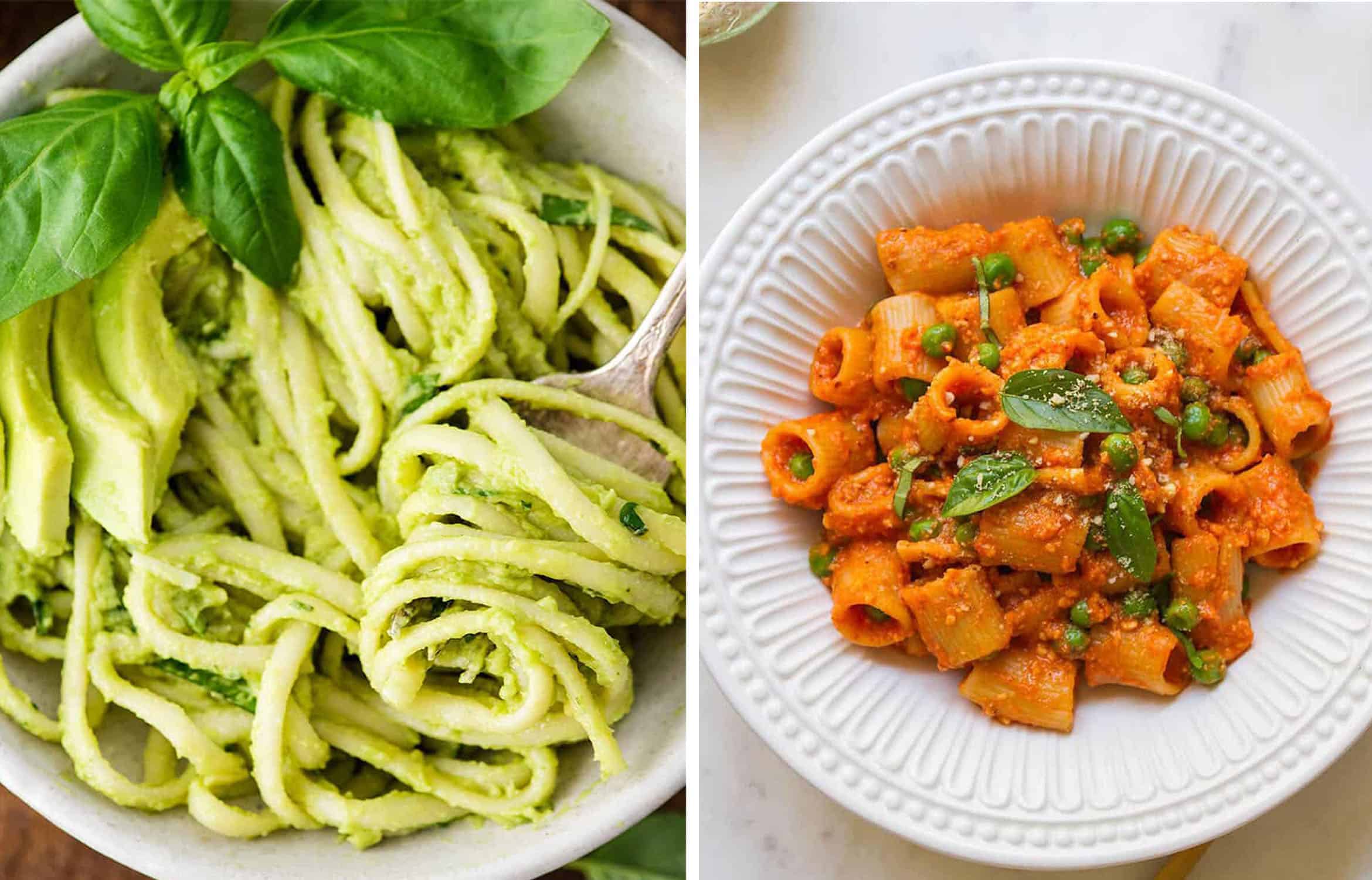 Avocado spaghetti in a white bowl with basil leaves by Joy Food Sunshine and pasta with peas and red pepper sauce in a white bowl by The Simple Veganista