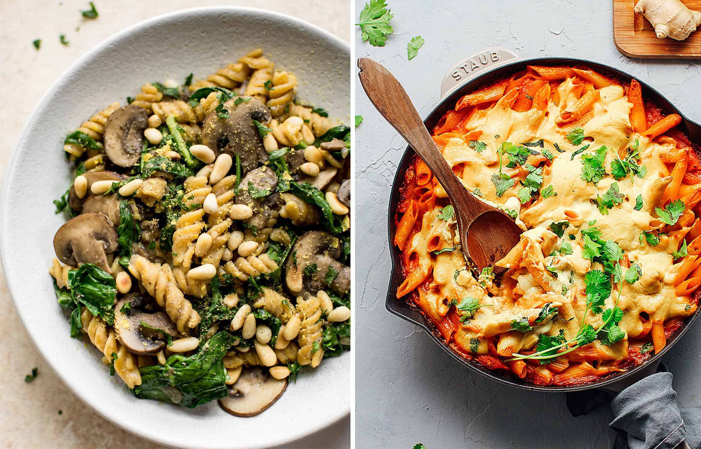 Spinach and mushroom fusilli on a white plate by Salt & Lavander and Penne pasta bake in a dark skillet by Full of Plants