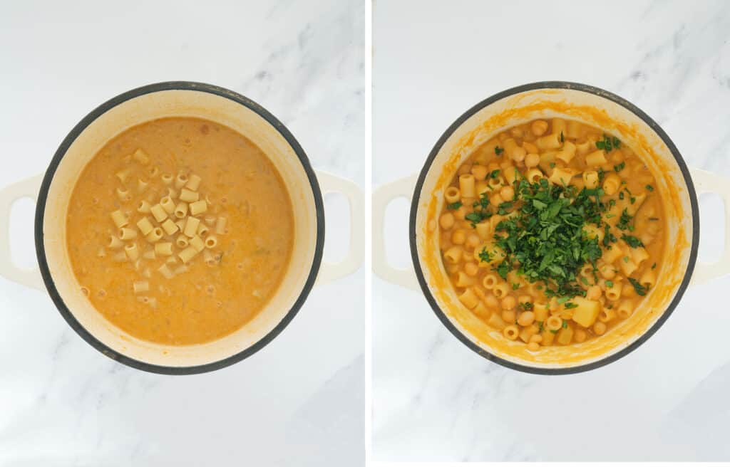 Top view of a Dutch oven full of thick chickpea soup, ditalini pasta and chopped parsley.