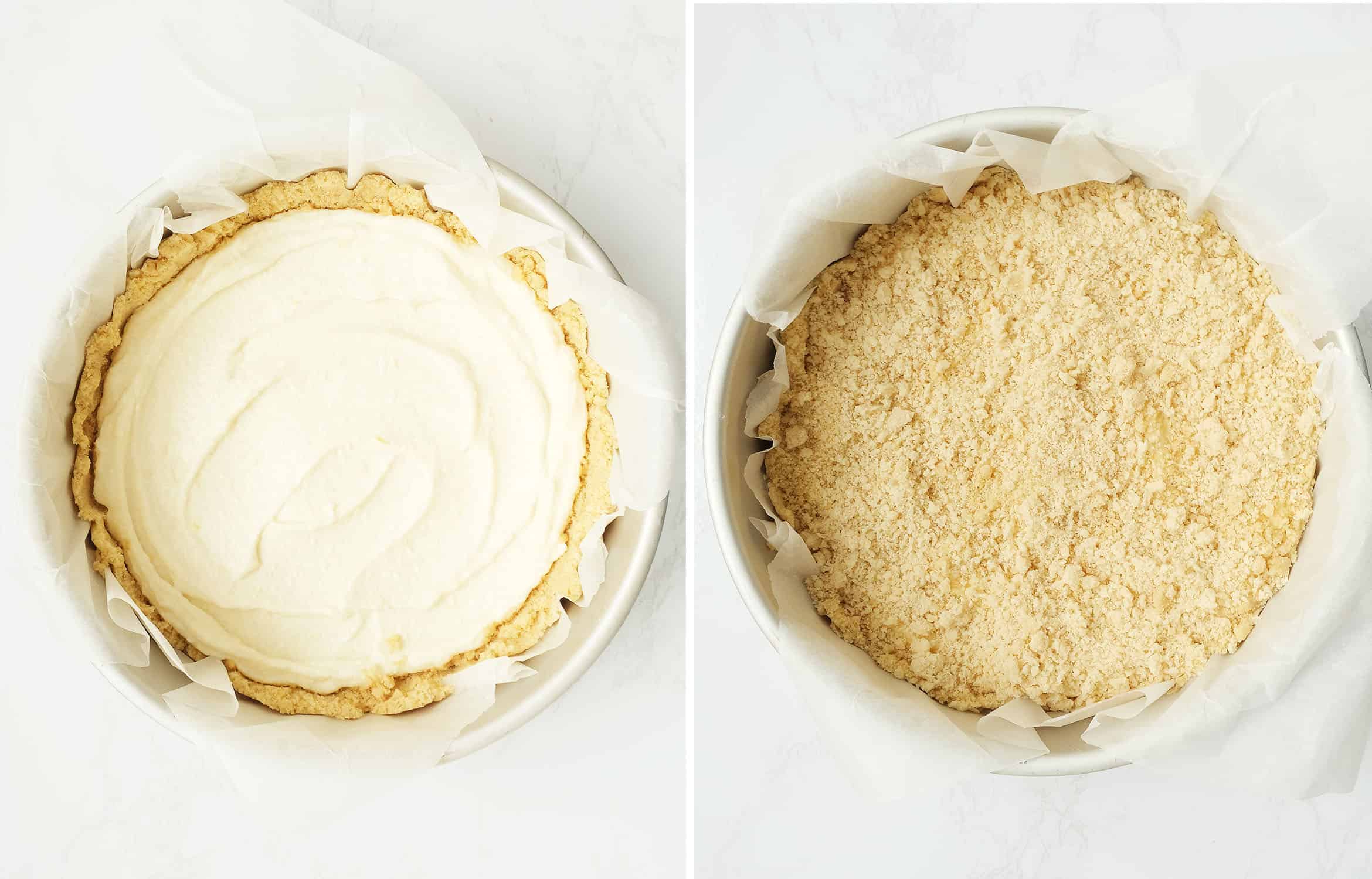 Two images showing how to spread the ricotta mixture and how to scatter the crumbles over the ricotta cake.