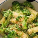 Top view of a bowl full of broccoli pasta.