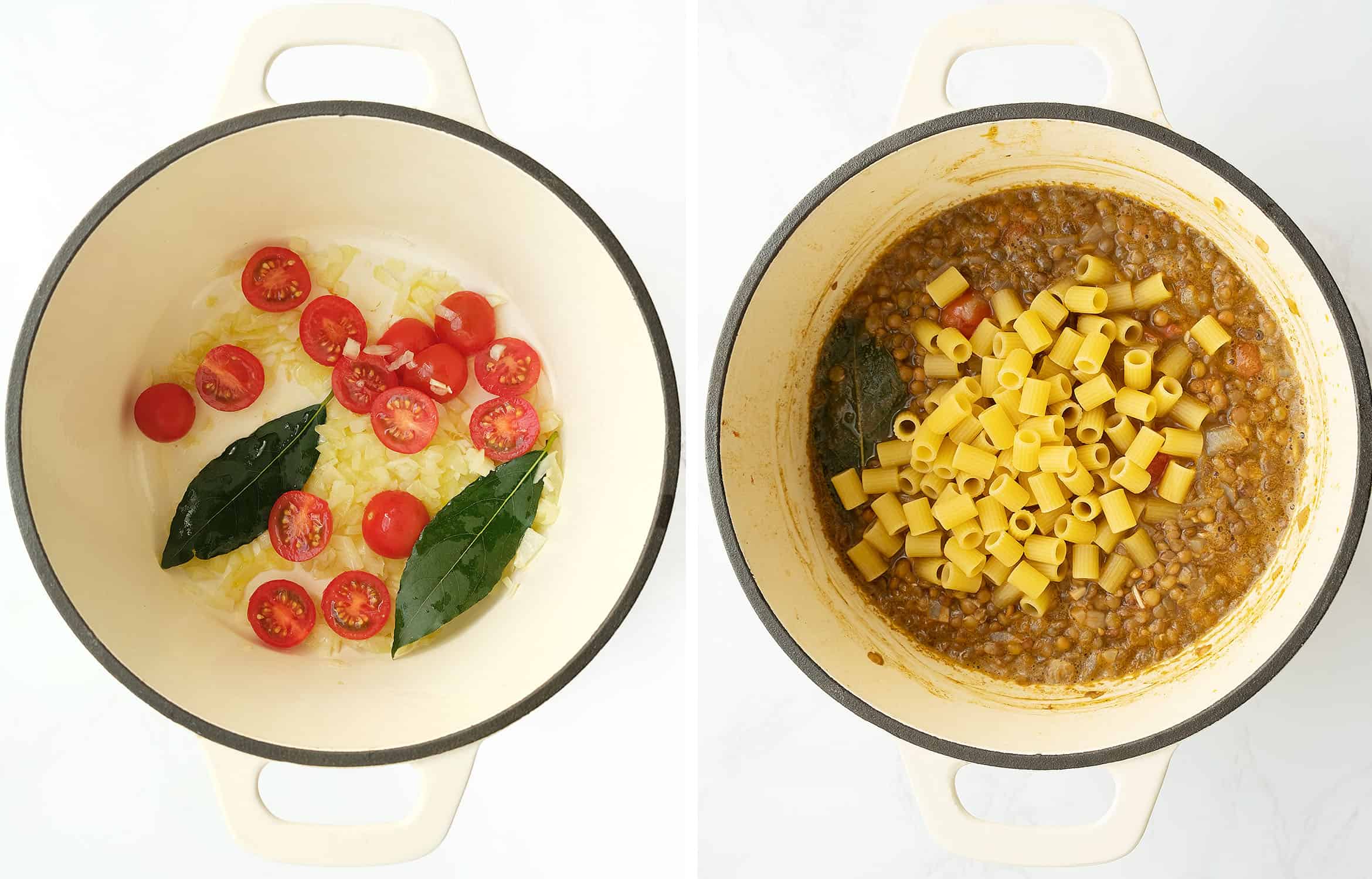 How to cook pasta with lentils: two pictures of a white pot shows two different steps.