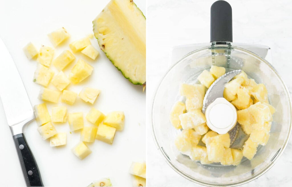 Top view of diced pineapple in a food processor.