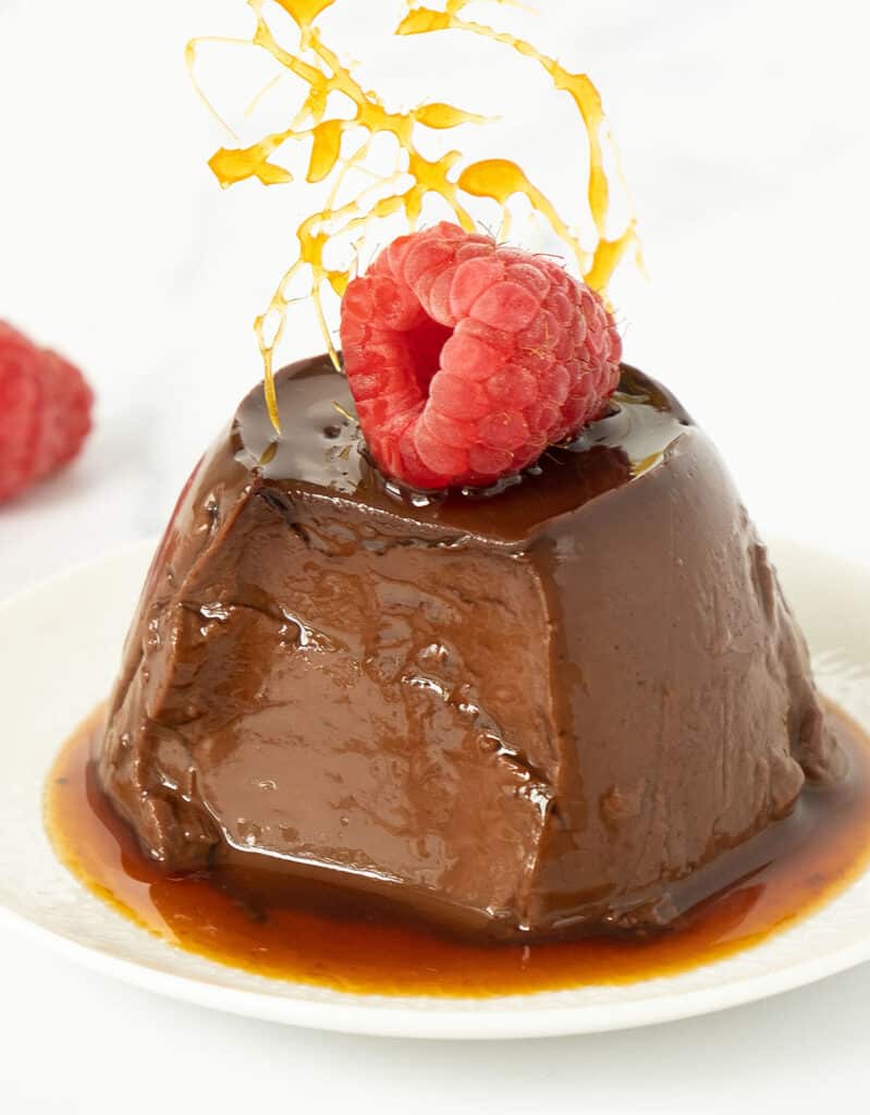 Close-up of chocolate pudding showing its moist texture and its sugar syrup.