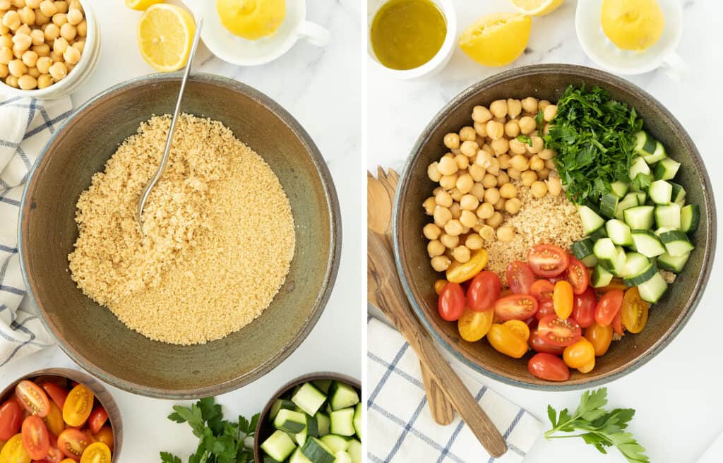 A fork is fluffing the cooked couscous in a large salad bowl, then vegetables, chickpeas and parsley are added to the bowl.