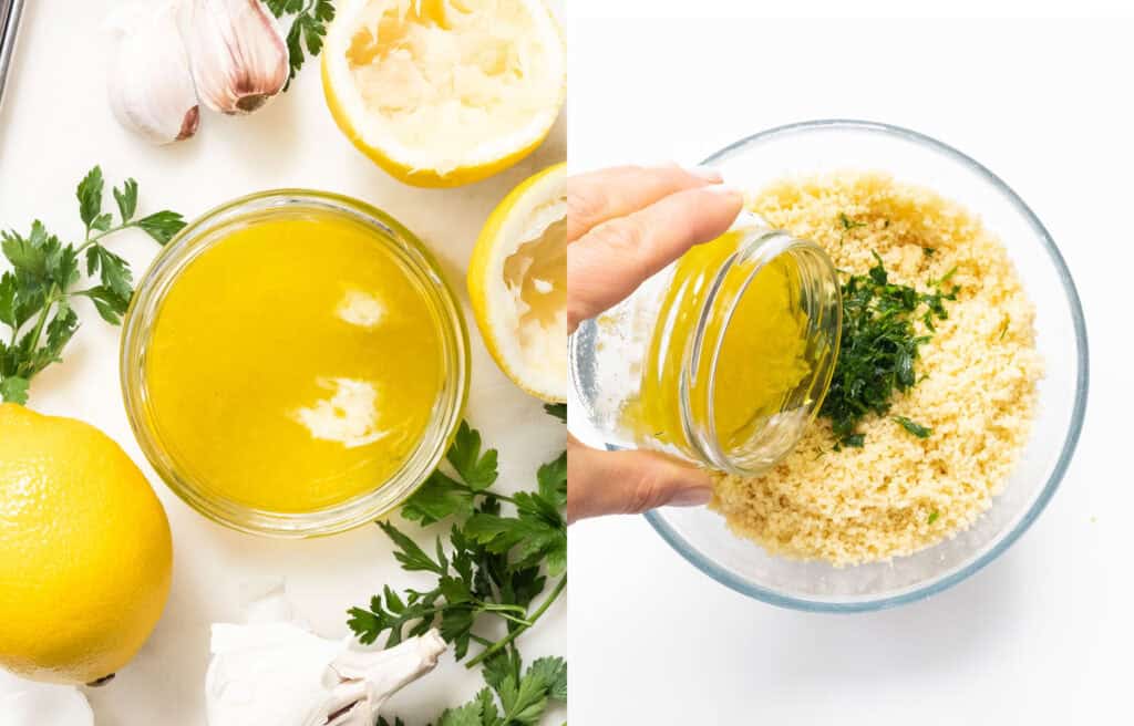 Lemon sauce is added to the couscous.