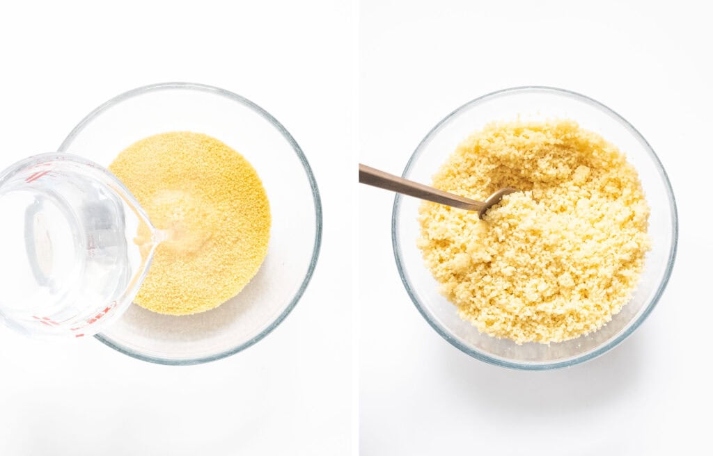 A glass bowl full of couscous before and after sitting in boiling water.