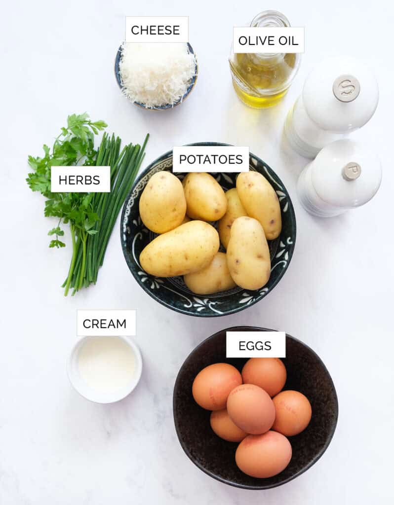 Top view of the ingredients to make potato frittata.