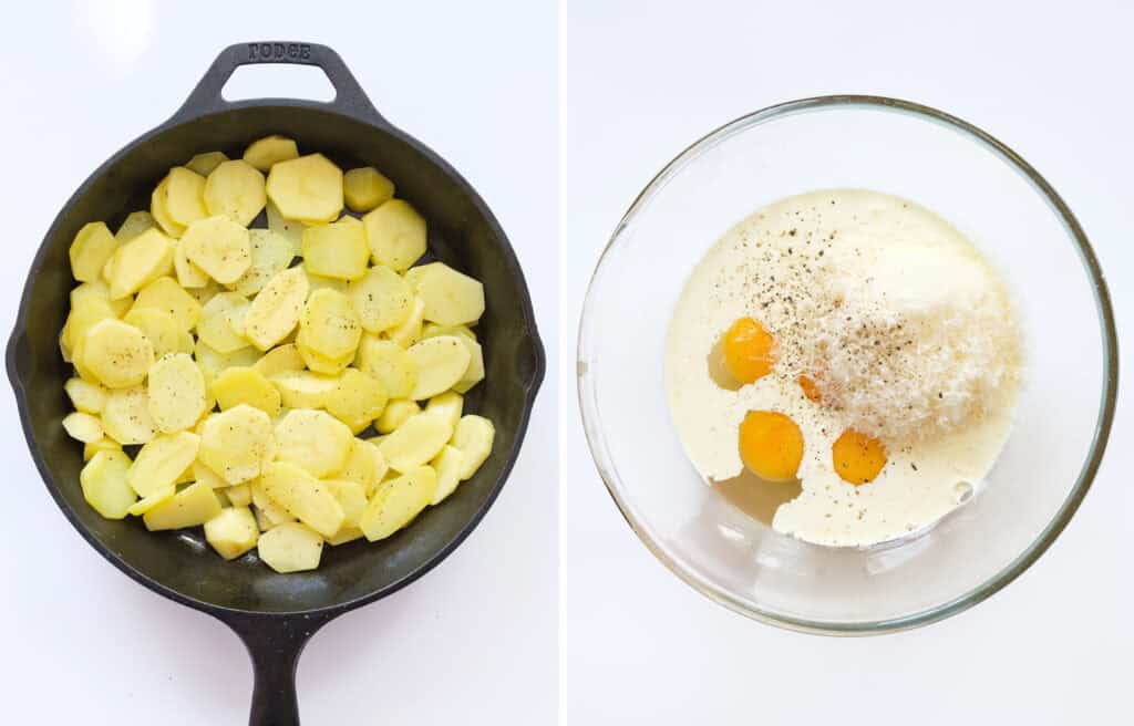Top view of a cast iron pan with potatoes and a glass bowl full of egg mixture.