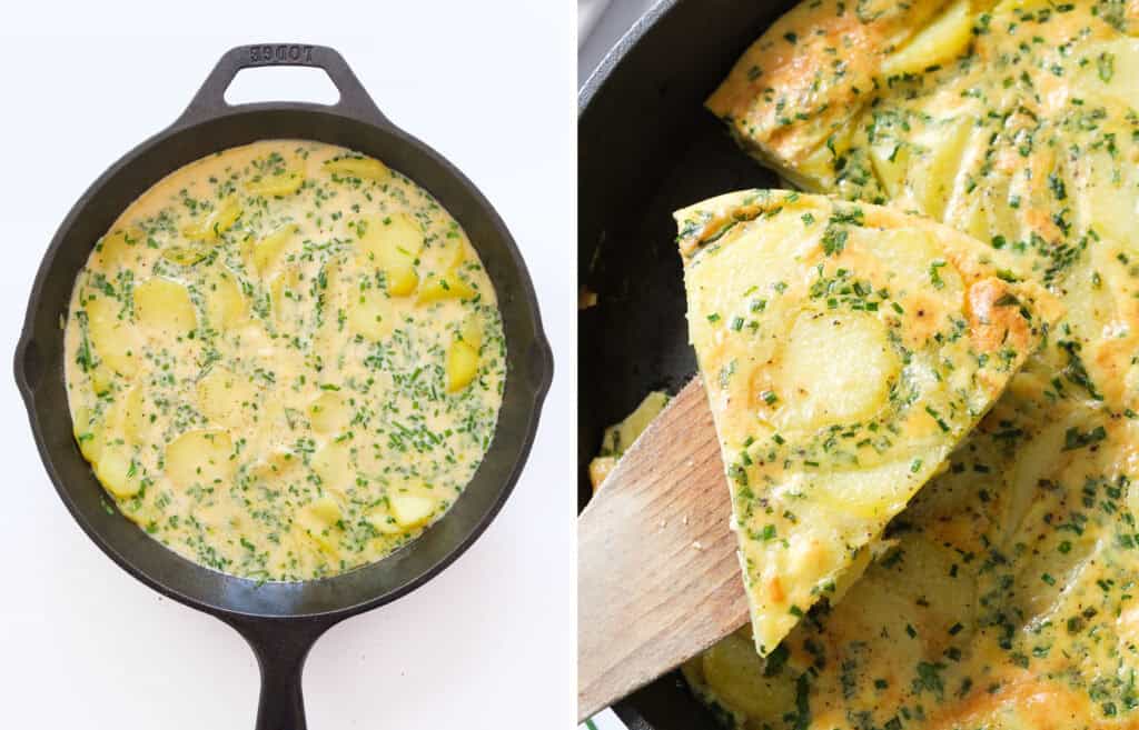 Top view of a cast iron pan with potato frittata before and after baking.