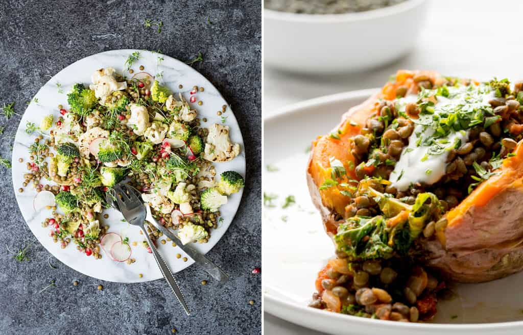 Top view of a white plate with green lentil salad over a dark background and a sweet potato stuffed with green lentils.