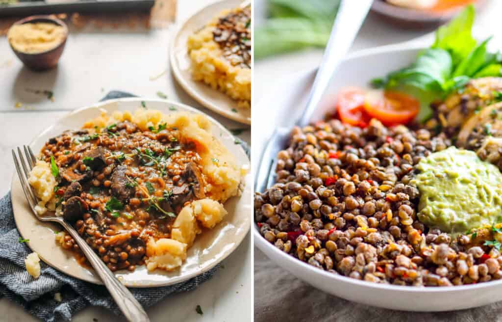 Lentils with mashed potatoes with a fork and a white bowl full of lentil stew.