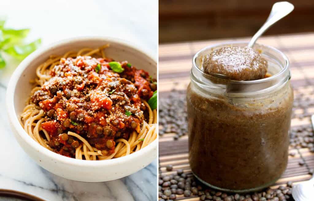 A white bowl with spaghetti and lentil marinara sauce and a glass jar with a spoon full of lentil jam.