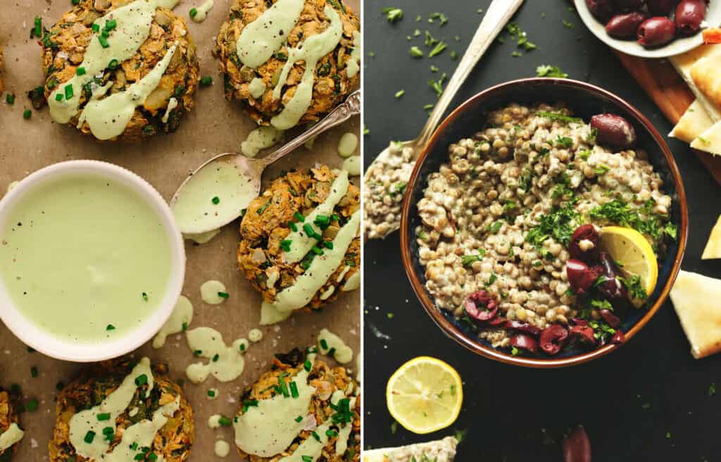 Top view of lentil patties with a light green dip and a bowl full of green lentil dip over a black background.