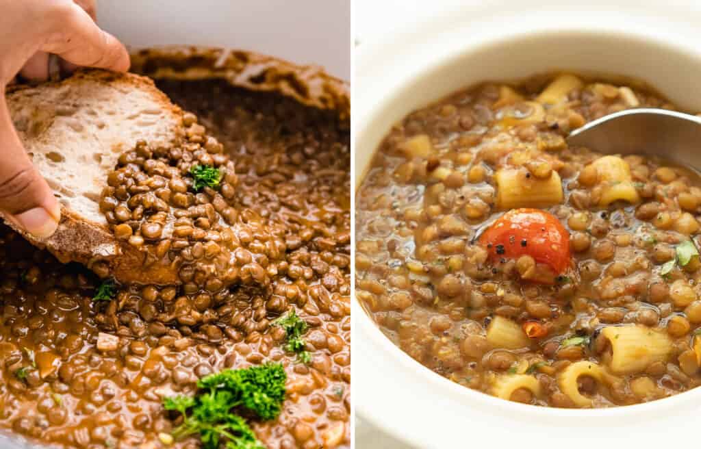 Green lentil stew in a white pot with a slice of bread and a white bowl full of pasta with lentils.