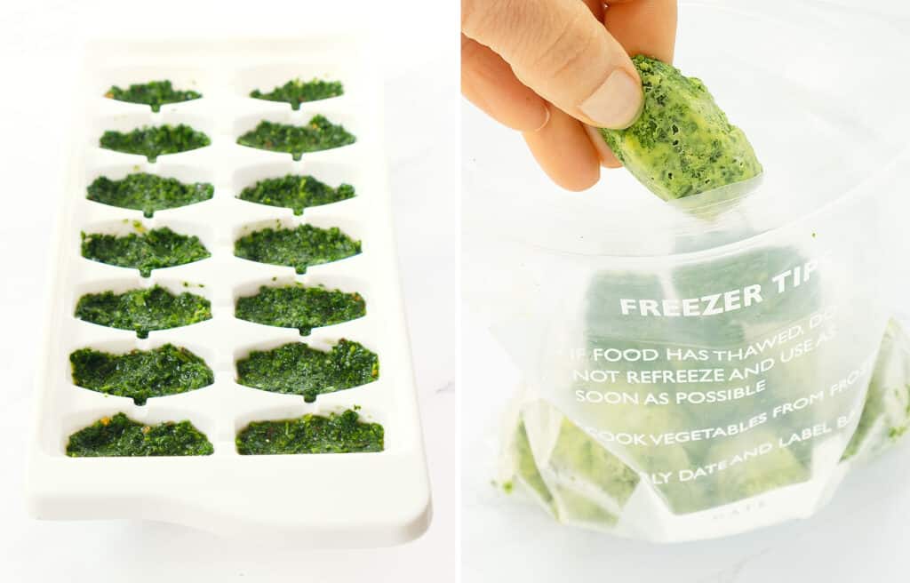 A white ice cube tray with parsley pesto and a freezer bag full of frozen parsley pesto cubes.