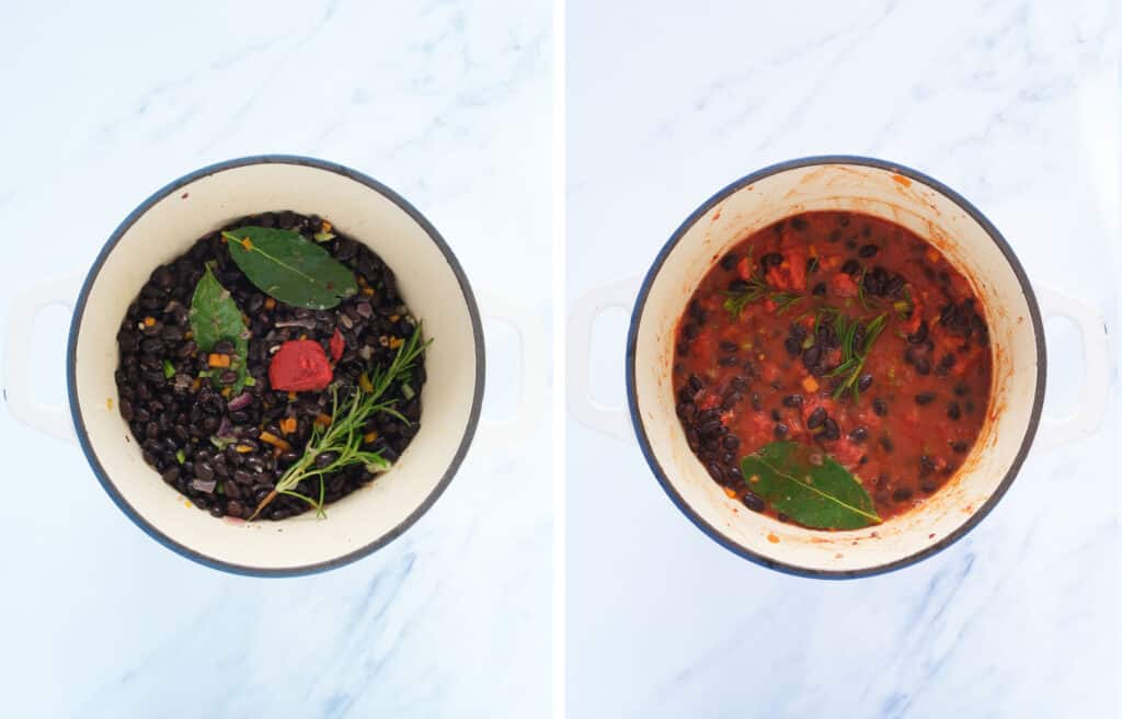 Top view of a pot with black beans , herbs and tomato sauce.