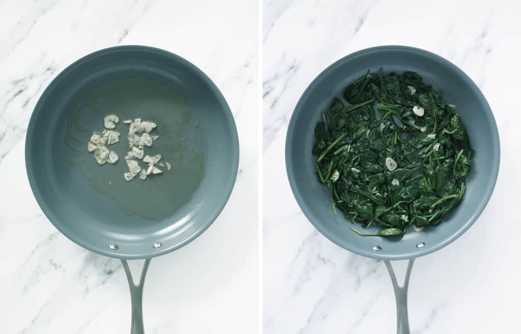 Top view of a skillet with sliced garlic and wilted spinach over a white background.