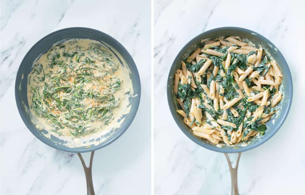 Top view of a skillet with creamy spinach sauce and pasta over a white background.